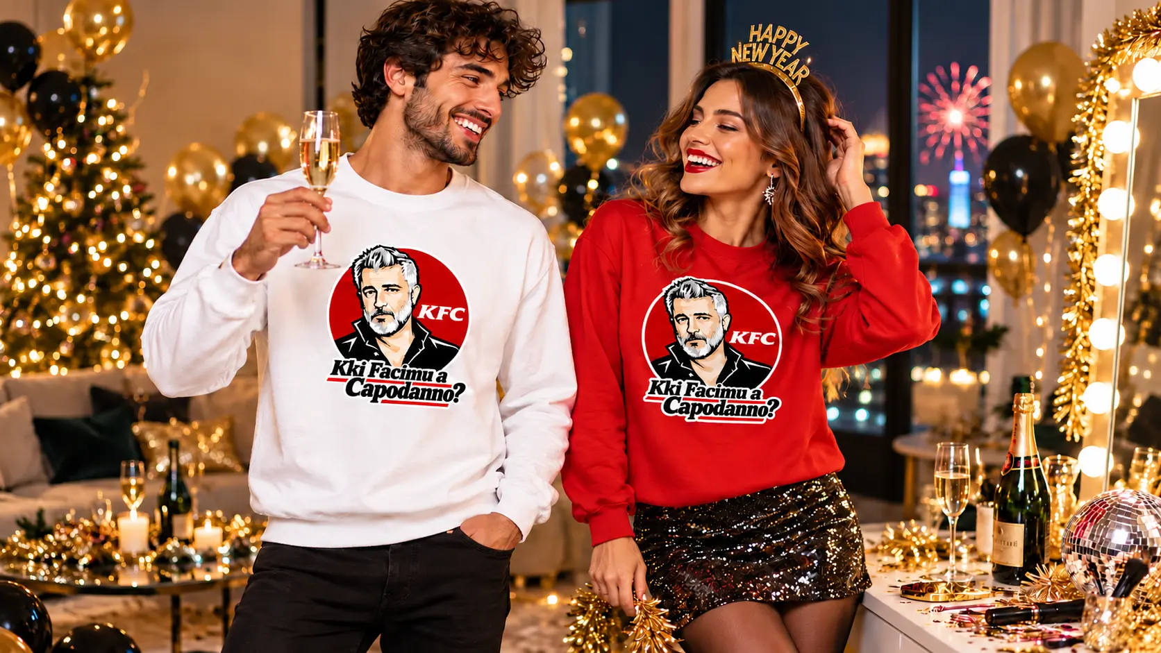Due persone festeggiano il Capodanno indossando le felpe Kki Facimu a Capodanno?