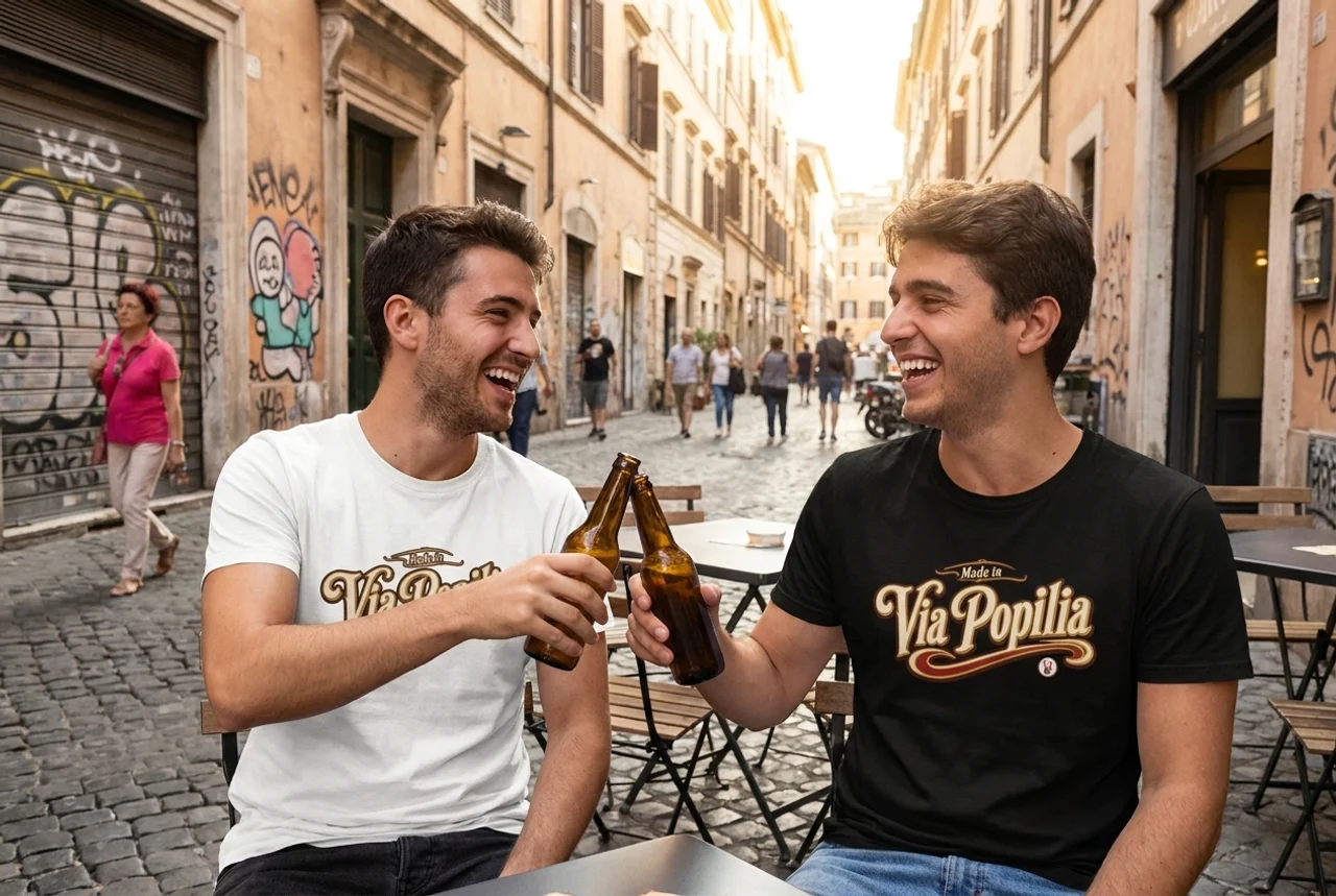 Due ragazzi brindano indossando la T-shirt Via Popilia